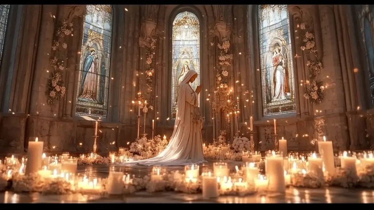 Escena De Una Capilla Iluminada Por Velas, Con Una Figura Orante De La Virgen María Vestida De Blanco, Rodeada De Flores Y Frente A Vitrales Con Motivos Religiosos. La Atmósfera Es Solemne Y Serena, Con Destellos De Luz Que Realzan El Ambiente Espiritual